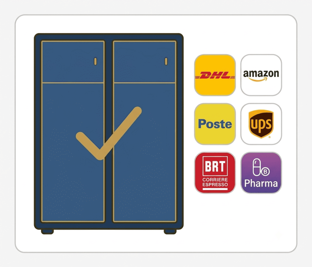 Una composizione grafica che presenta il prodotto FashionPACK. A sinistra, un'icona minimalista in stile tech-luxury raffigura un mobile armadio intelligente a due ante, di colore blu notte con profili dorati e un grande segno di spunta dorato al centro. A destra, una griglia di sei icone app affiancate mostra i loghi di DHL, Amazon, Poste, UPS, BRT e un'icona Pharma.