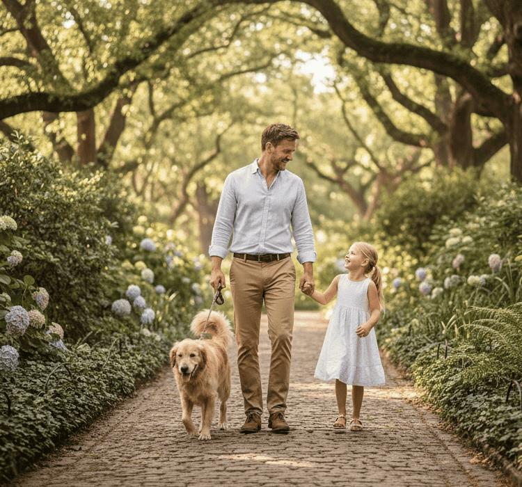 Un padre che cammina felice con la sua bambina e il loro cane in un parco lussureggiante, simbolo di libertà e affetti. Atmosfera: Inondata di luce naturale calda che filtra tra gli alberi, la scena trasmette un senso di profonda soddisfazione e pace.