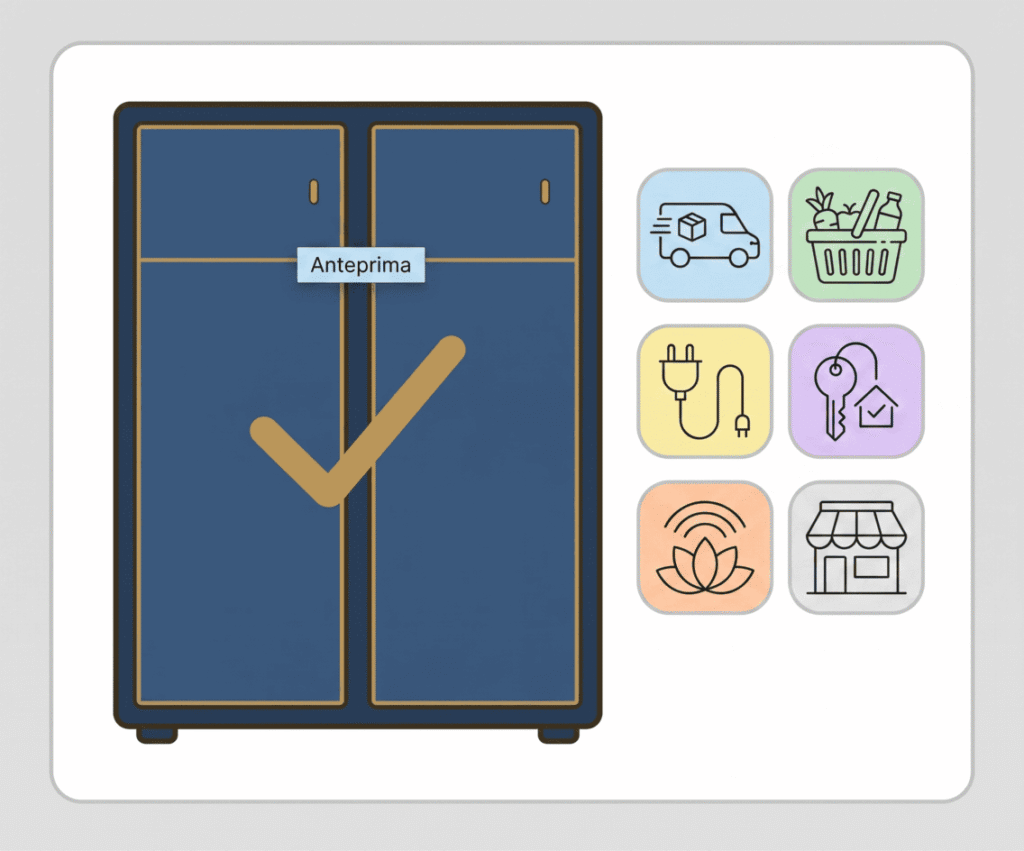 Una composizione grafica che presenta il prodotto FashionPACK. A sinistra, un'icona minimalista in stile tech-luxury raffigura uno smart locker a due ante, di colore blu notte con profili dorati e un grande segno di spunta dorato al centro. A destra, una griglia di sei icone app affiancate mostra furgone→corrieri, carrello→food&parafarmaco, presa→ricarica EV, chiave+casa→check-in B&B, loto→mindfulness, vetrina→negozi di quartiere.
